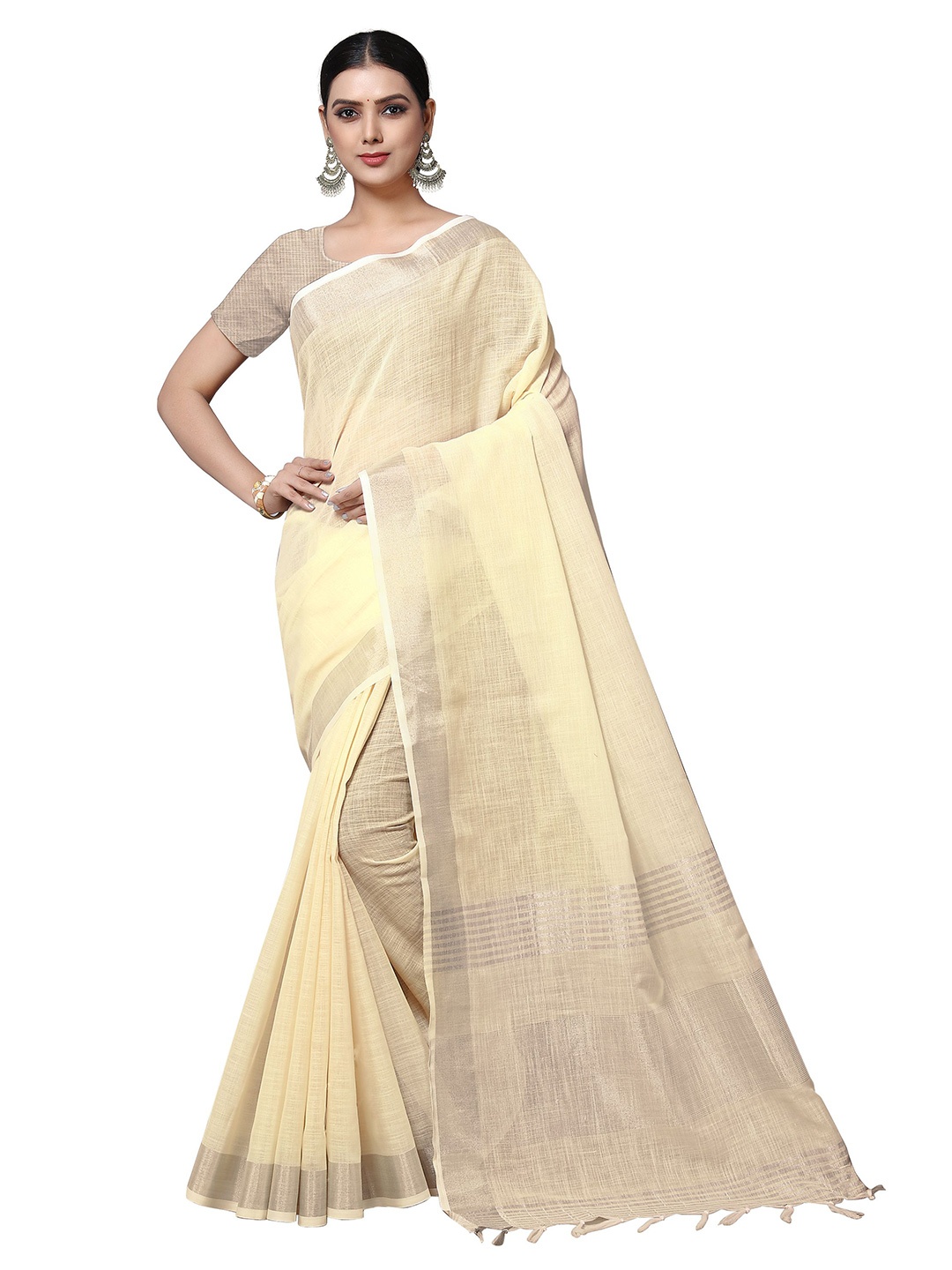 

Rekha Maniyar Cream-Coloured & Gold-Toned Woven Design Zari Linen Blend Saree