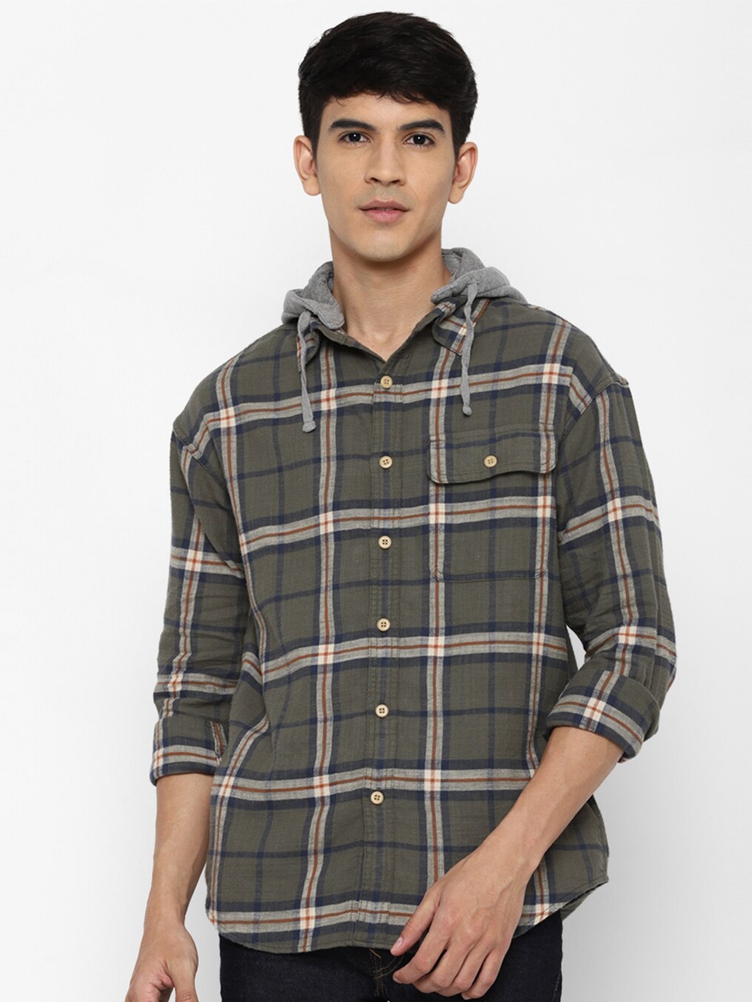 

AMERICAN EAGLE OUTFITTERS Men Olive Green Tartan Checked Pure Cotton Casual Shirt