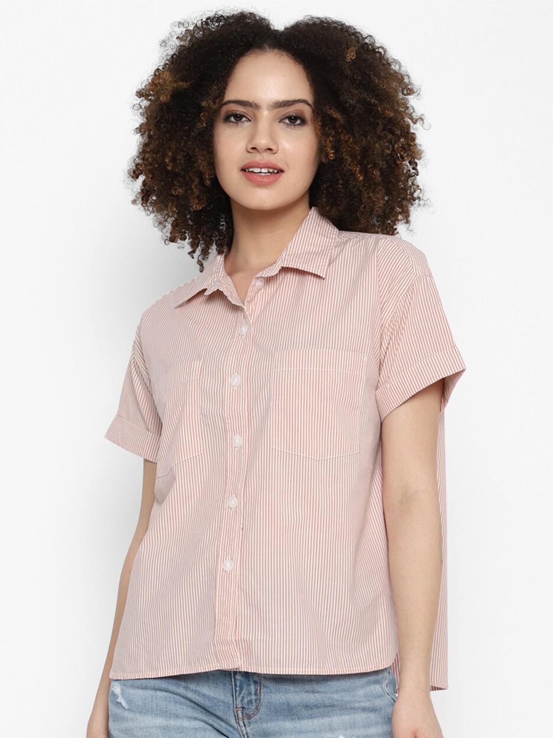 

AMERICAN EAGLE OUTFITTERS Women Pink Striped Casual Shirt