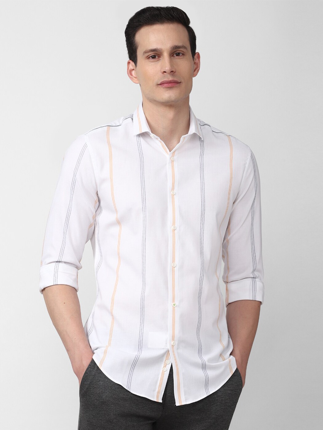 

Peter England Men Off White Slim Fit Striped Formal Shirt