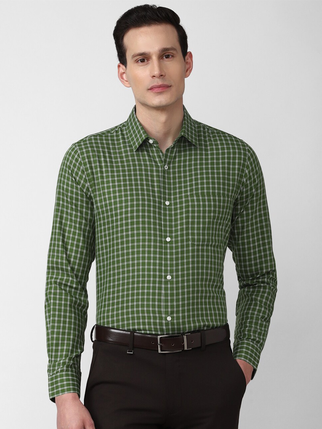 

Peter England Men Olive Green Gingham Checked Formal Shirt