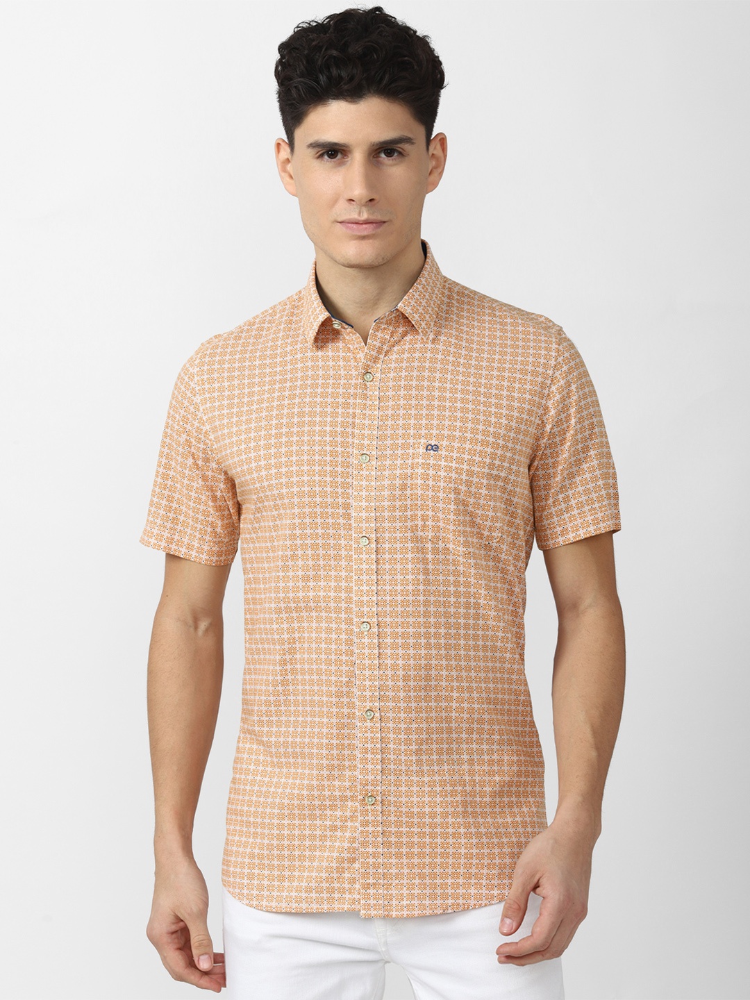 Peter England Casuals Men Orange Pure Cotton Slim Fit Grid Tattersall Checks Casual Shirt