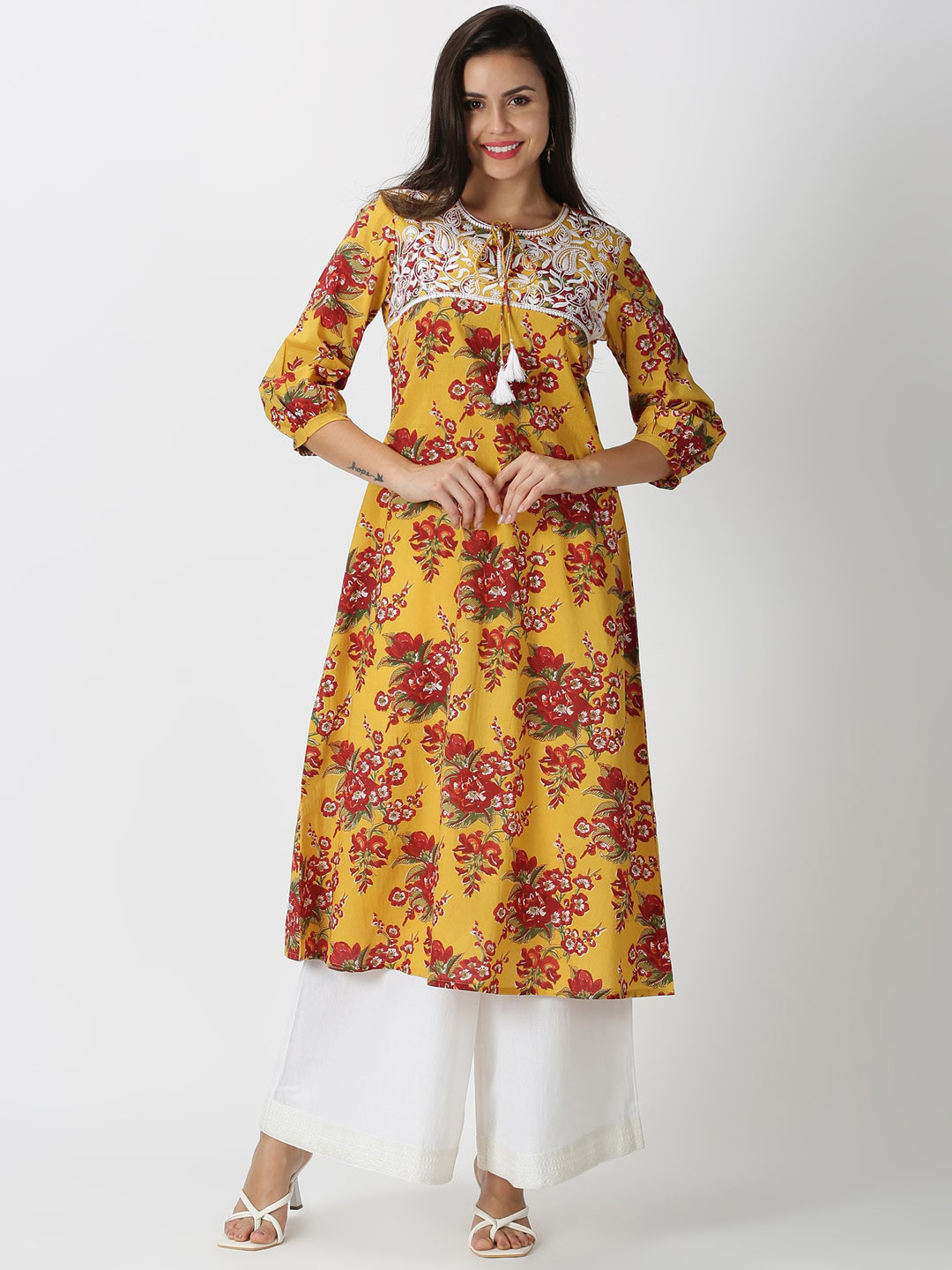 

Saffron Threads Women Yellow & Red Floral Printed & Thread Work Pure Cotton Kurta