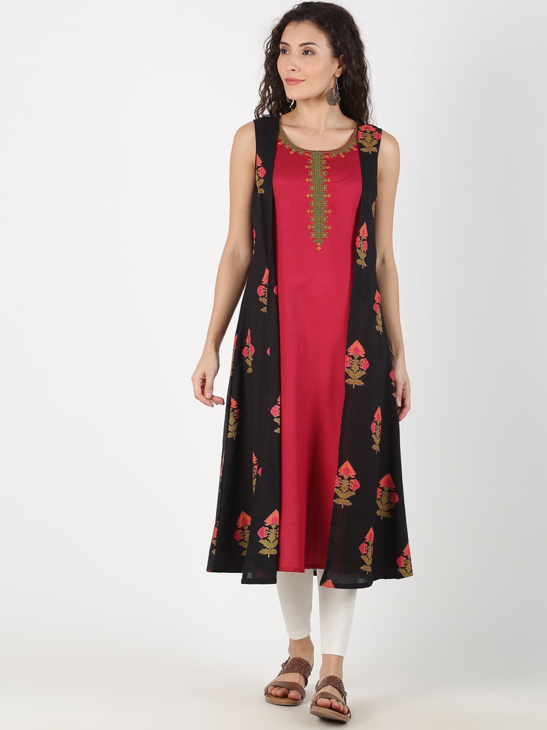 

Saffron Threads Women Red & Black Embroidered A-line Kurta With Mock Jacket