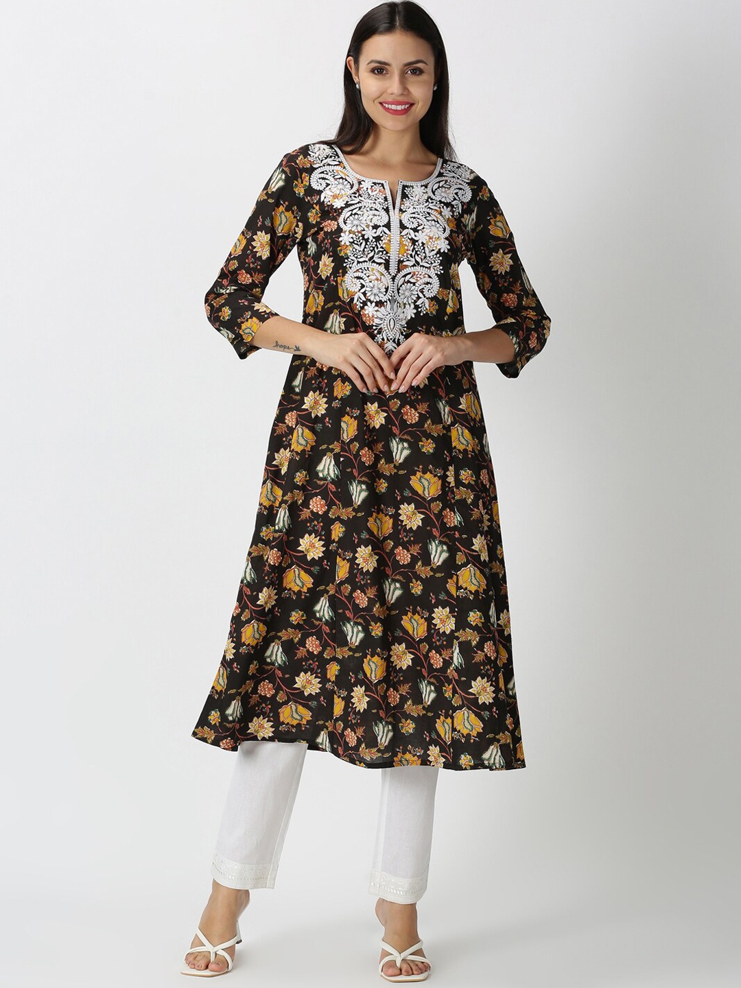 

Saffron Threads Women Black & Yellow Floral Cotton Printed Chikankari Kurta
