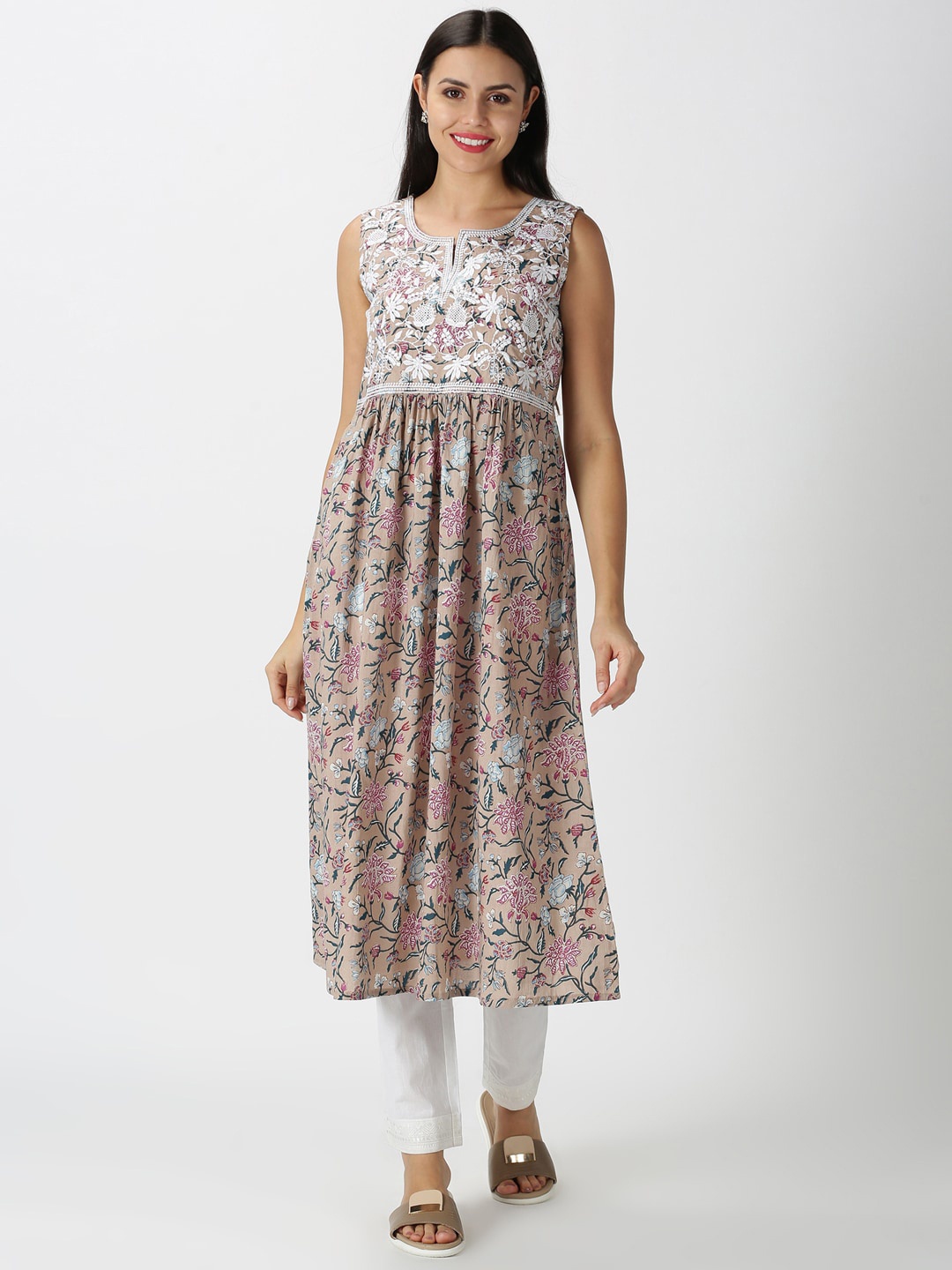 

Saffron Threads Women Taupe & White Embroidered Chikankari A-Line Kurta