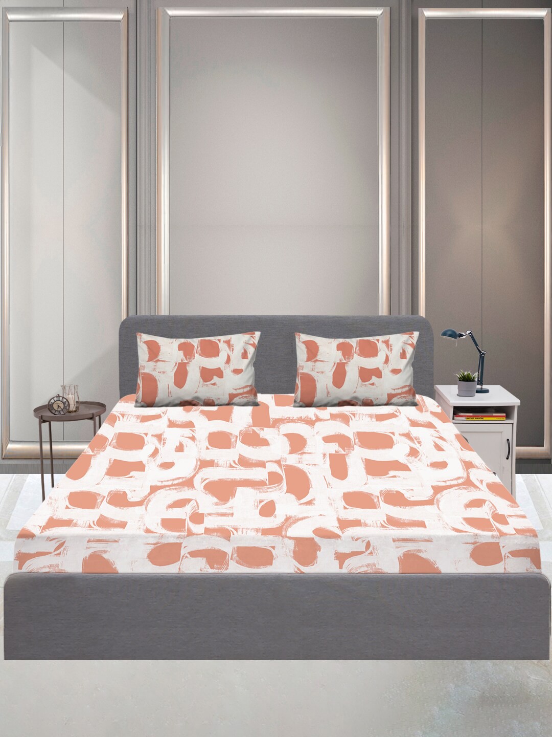 

SLEEPX Geometric 144 TC King Bedsheet Pure Cotton With 2 Pillow Covers, Orange