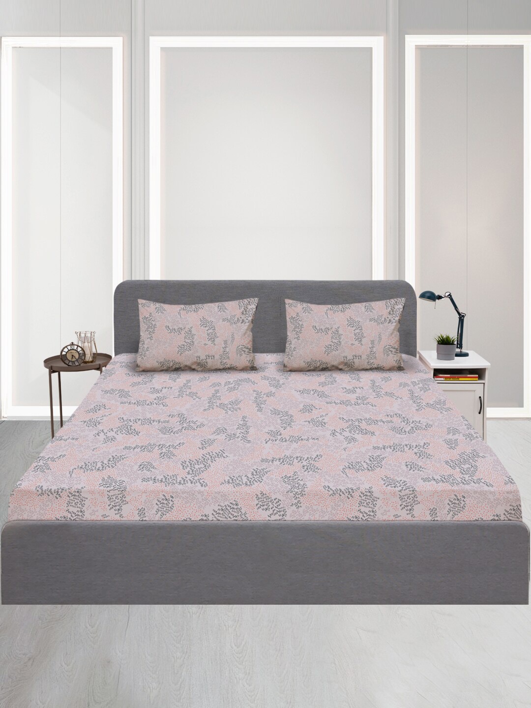 

SLEEPX Grey & Purple Floral 120 TC Queen Bedsheet with 2 Pillow Covers