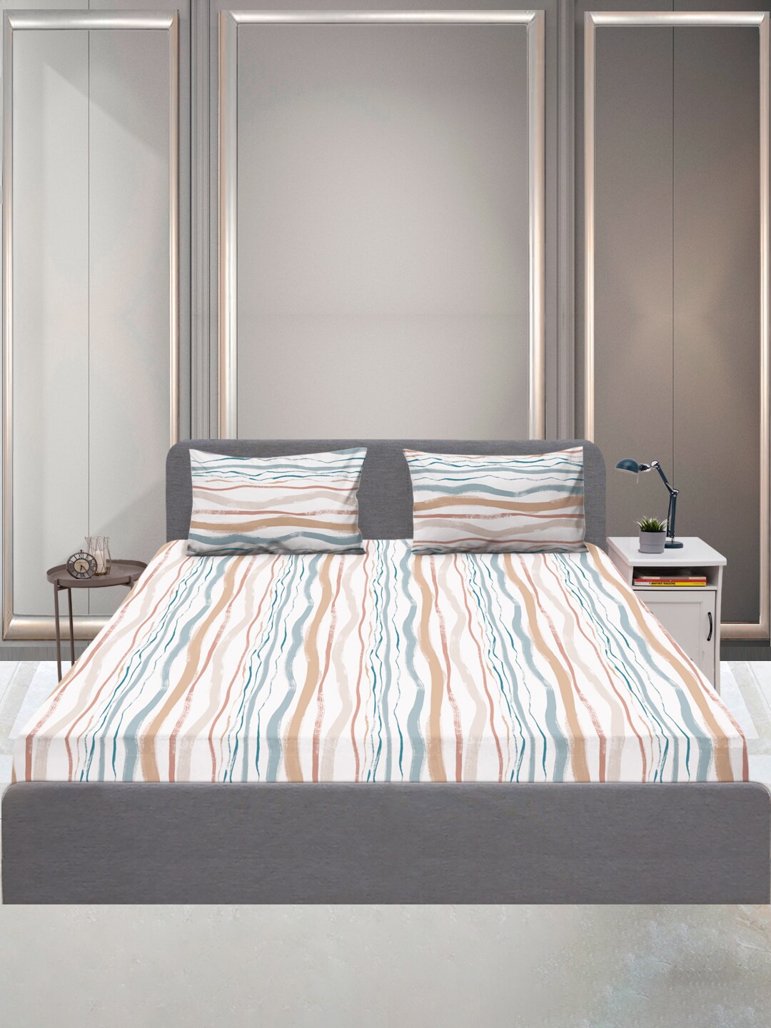 

SLEEPX Striped 144 TC King Bedsheet Pure Cotton With 2 Pillow Covers, White