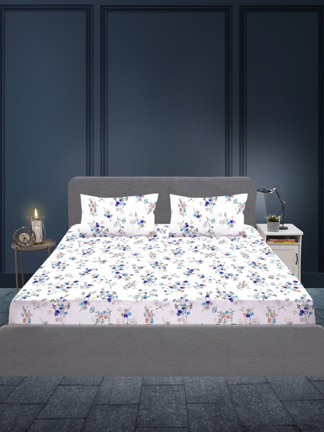 

SLEEPX Floral 180 TC Queen Bedsheet Pure Cotton With 2 Pillow Covers, White