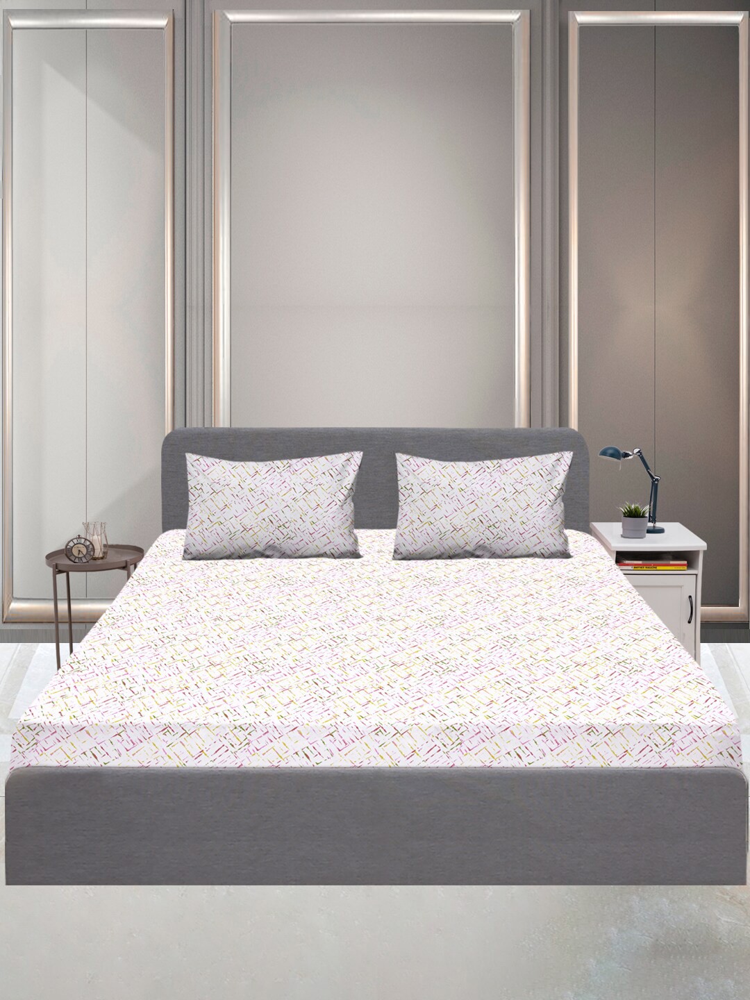 

SLEEPX Pink & Green 144 TC King Bedsheet with 2 Pillow Covers