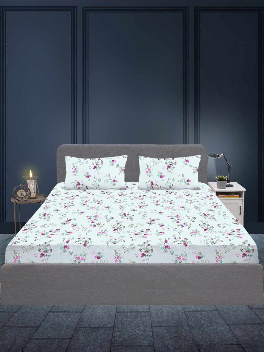 

SLEEPX Blue & Purple Floral 180 TC King Bedsheet with 2 Pillow Covers