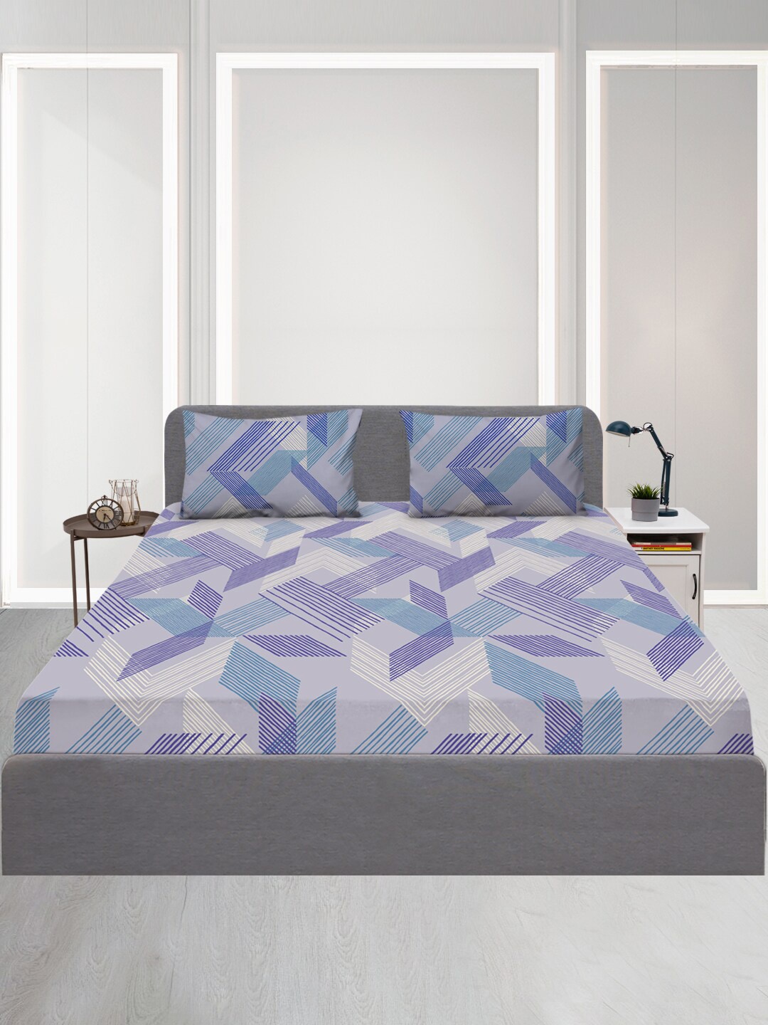 

SLEEPX Geometric 120 TC Queen Bedsheet Pure Cotton With 2 Pillow Covers, Blue