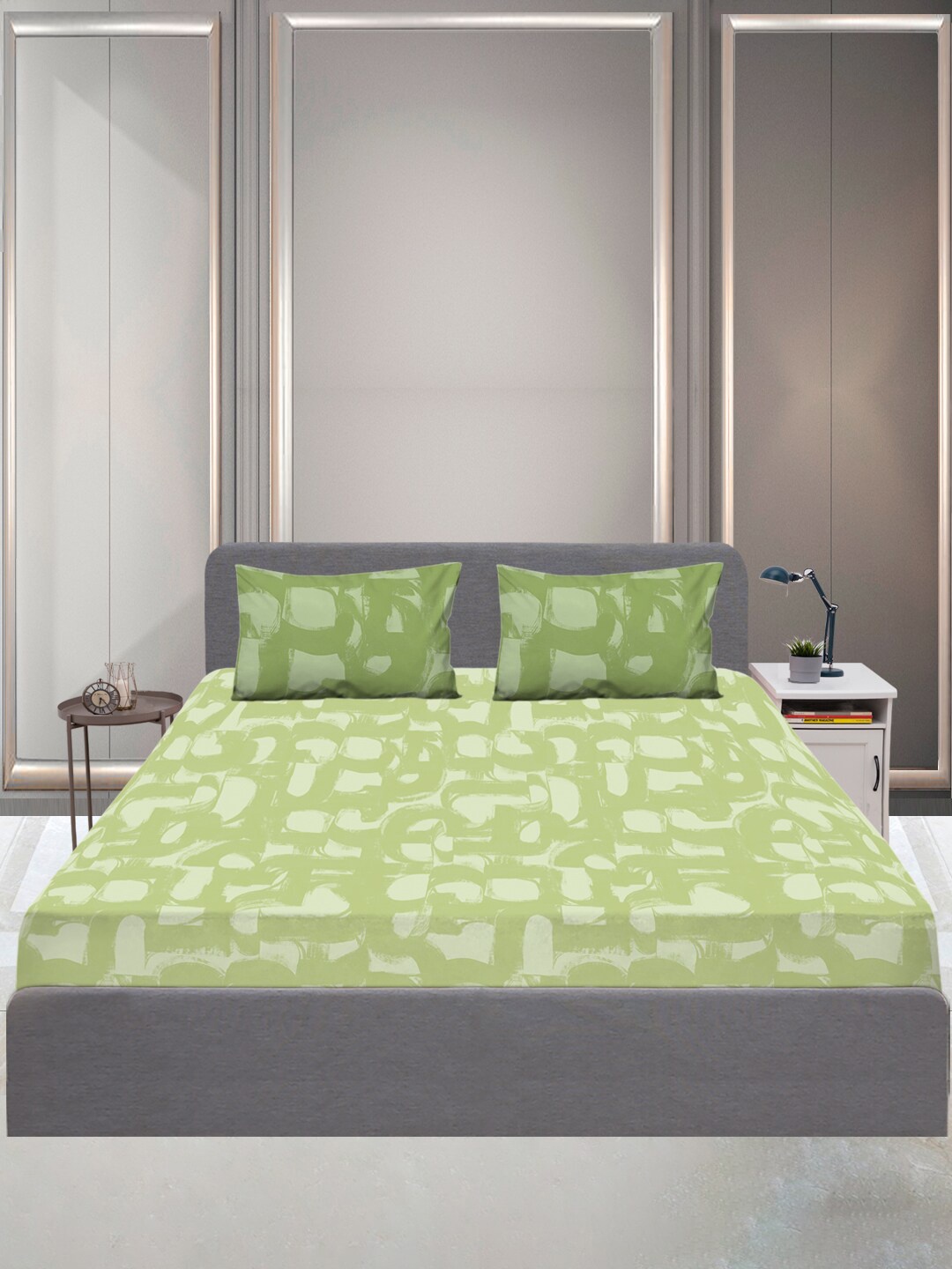 

SLEEPX Green & White 144 TC Queen Bedsheet with 2 Pillow Covers