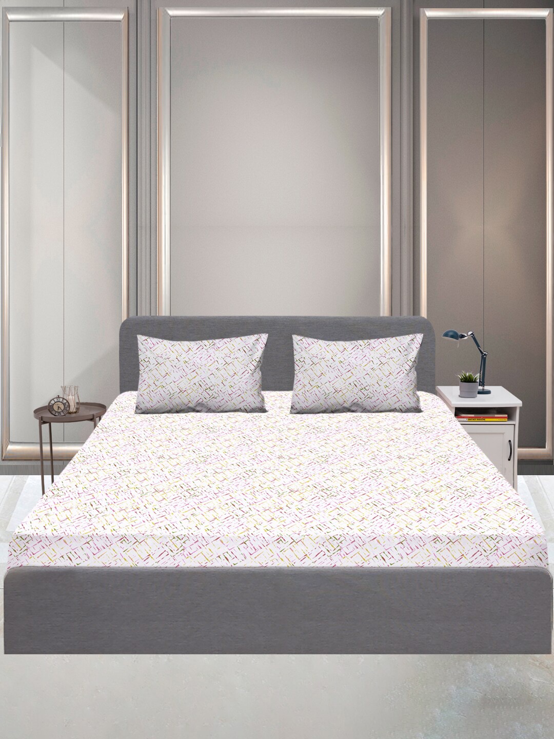 

SLEEPX Graphic 144 TC Queen Bedsheet Pure Cotton With 2 Pillow Covers, White