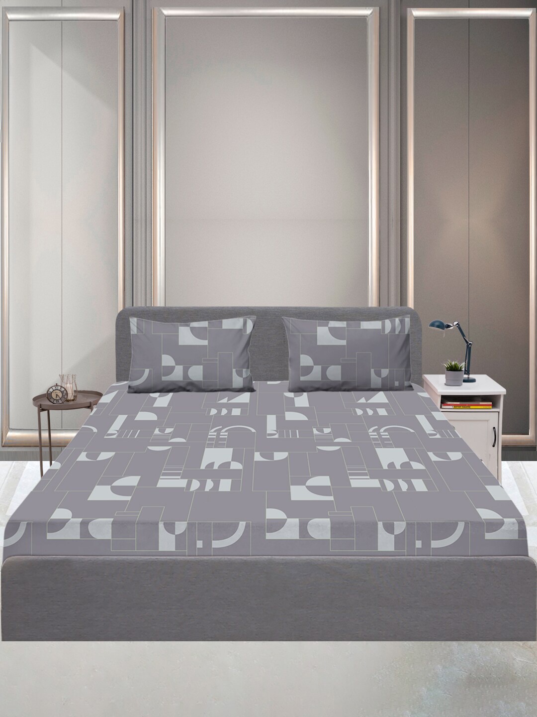 

SLEEPX Geometric 144 TC King Bedsheet Pure Cotton With 2 Pillow Covers, Grey