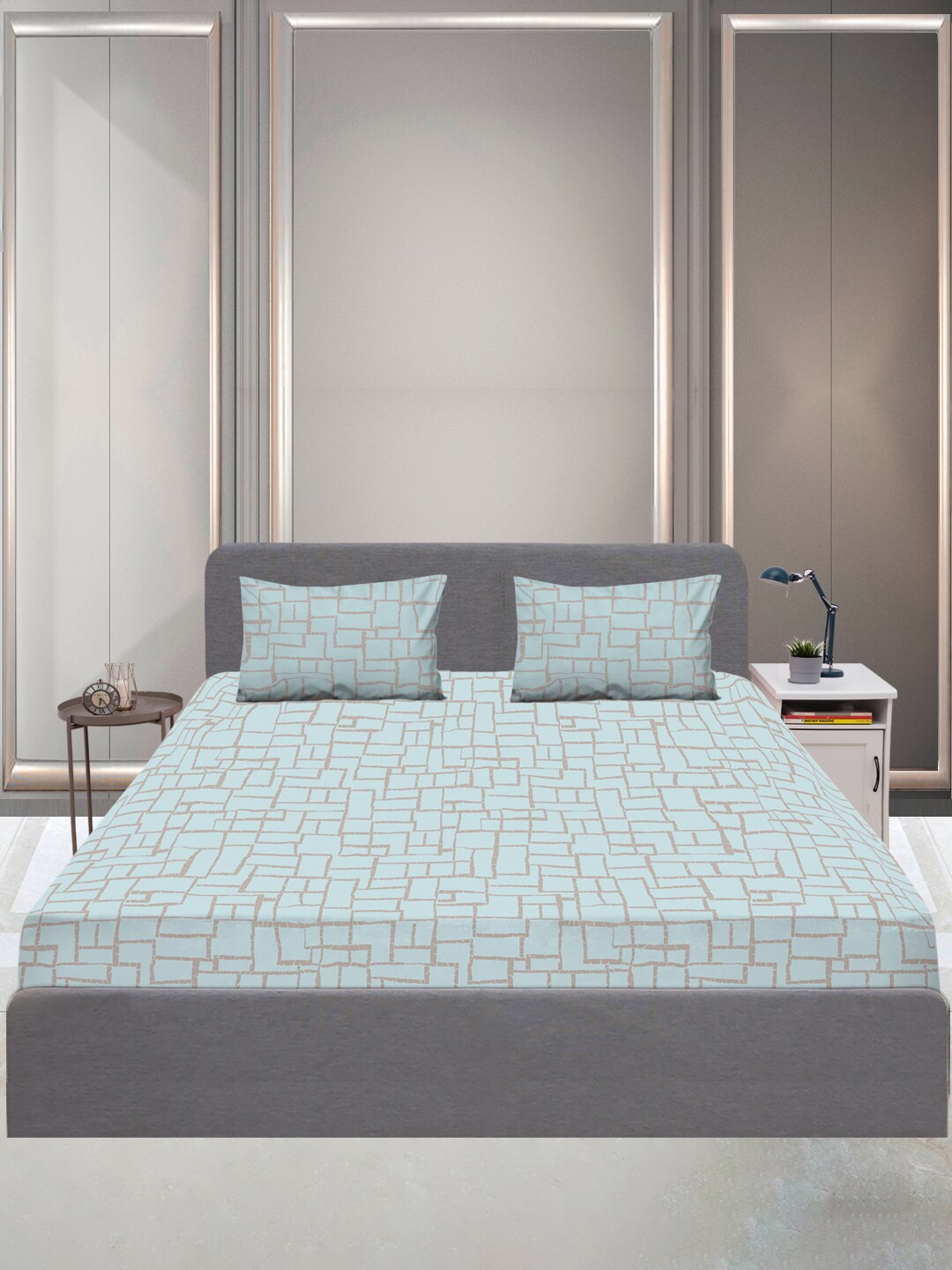 

SLEEPX Blue & Brown Geometric 144 TC Queen Bedsheet with 2 Pillow Covers