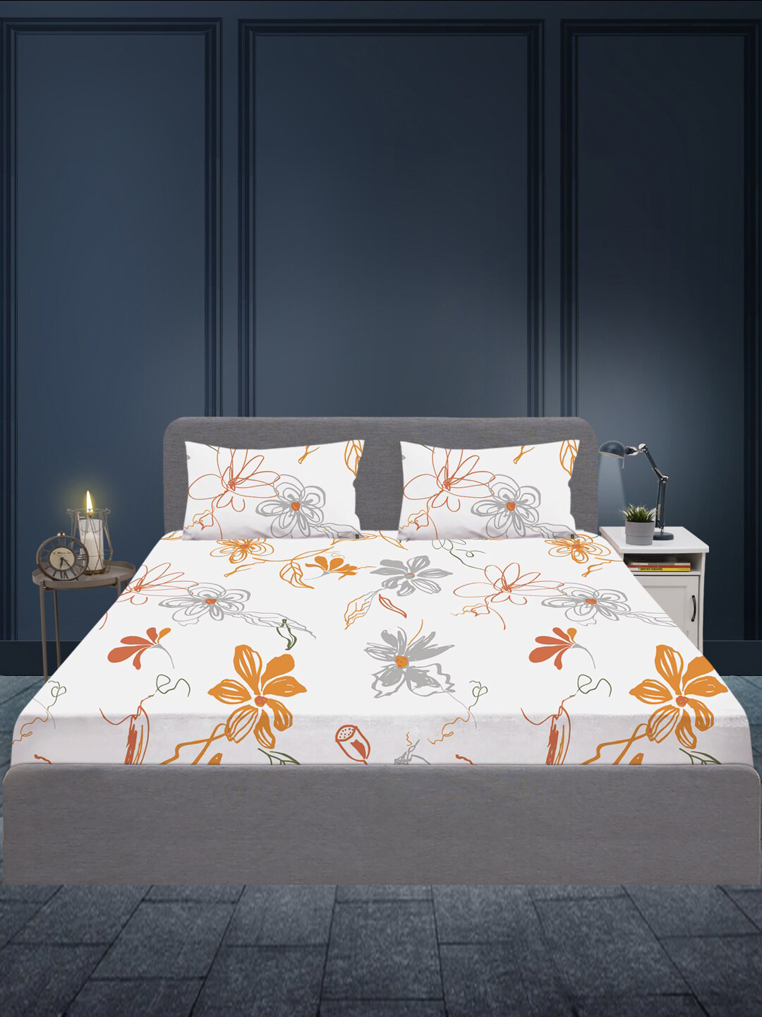 

SLEEPX White & Orange Floral 180 TC Queen Bedsheet with 2 Pillow Covers