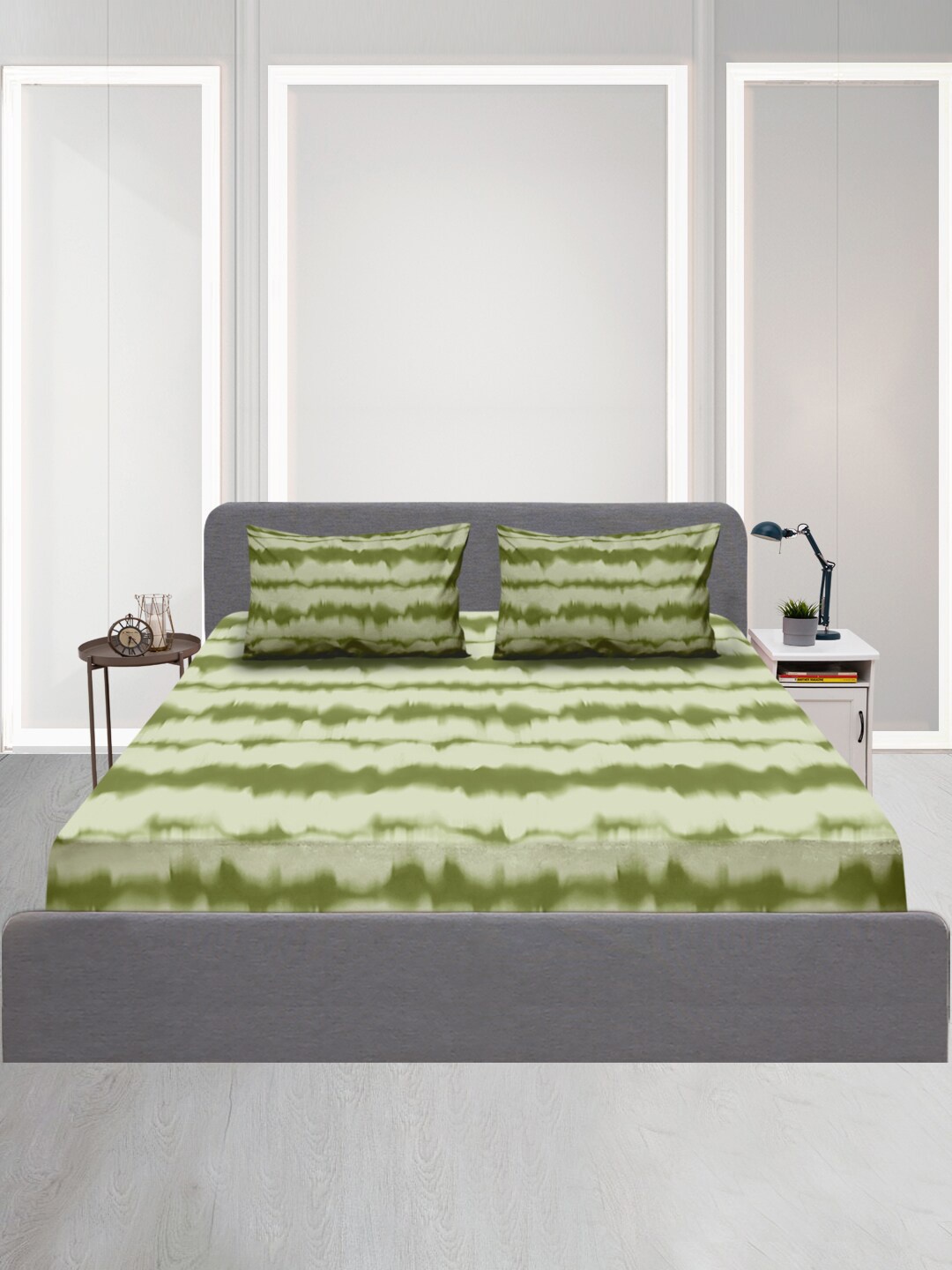 

SLEEPX Striped 120 TC Queen Cotton Bedsheet with 2 Pillow Covers, Green