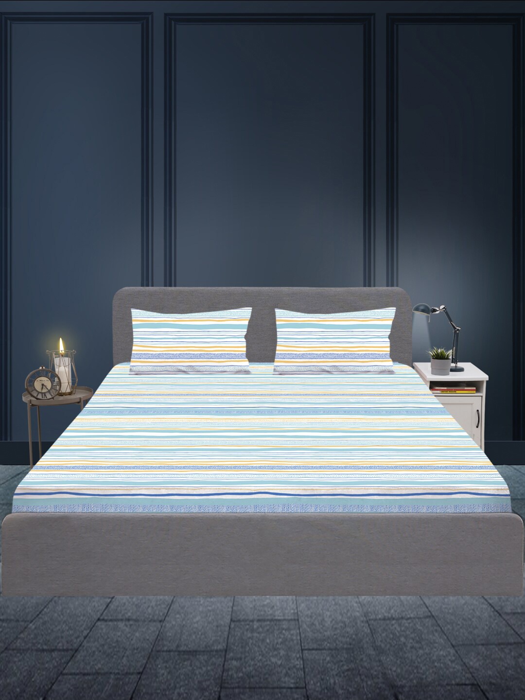 

SLEEPX Striped 180 TC King Cotton Bedsheet with 2 Pillow Covers, Blue
