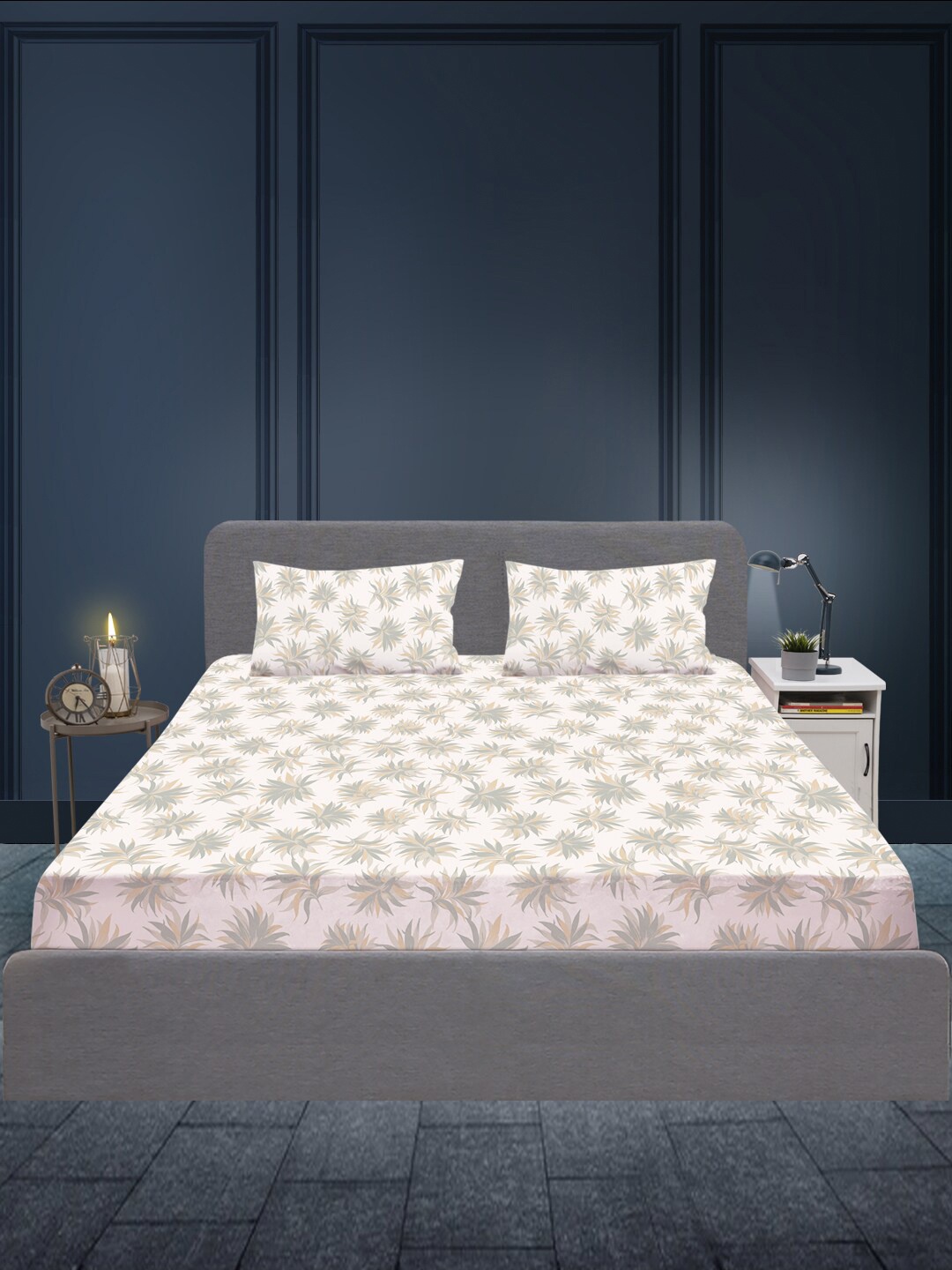

SLEEPX Floral 180 TC Queen Cotton Bedsheet with 2 Pillow Covers, Cream