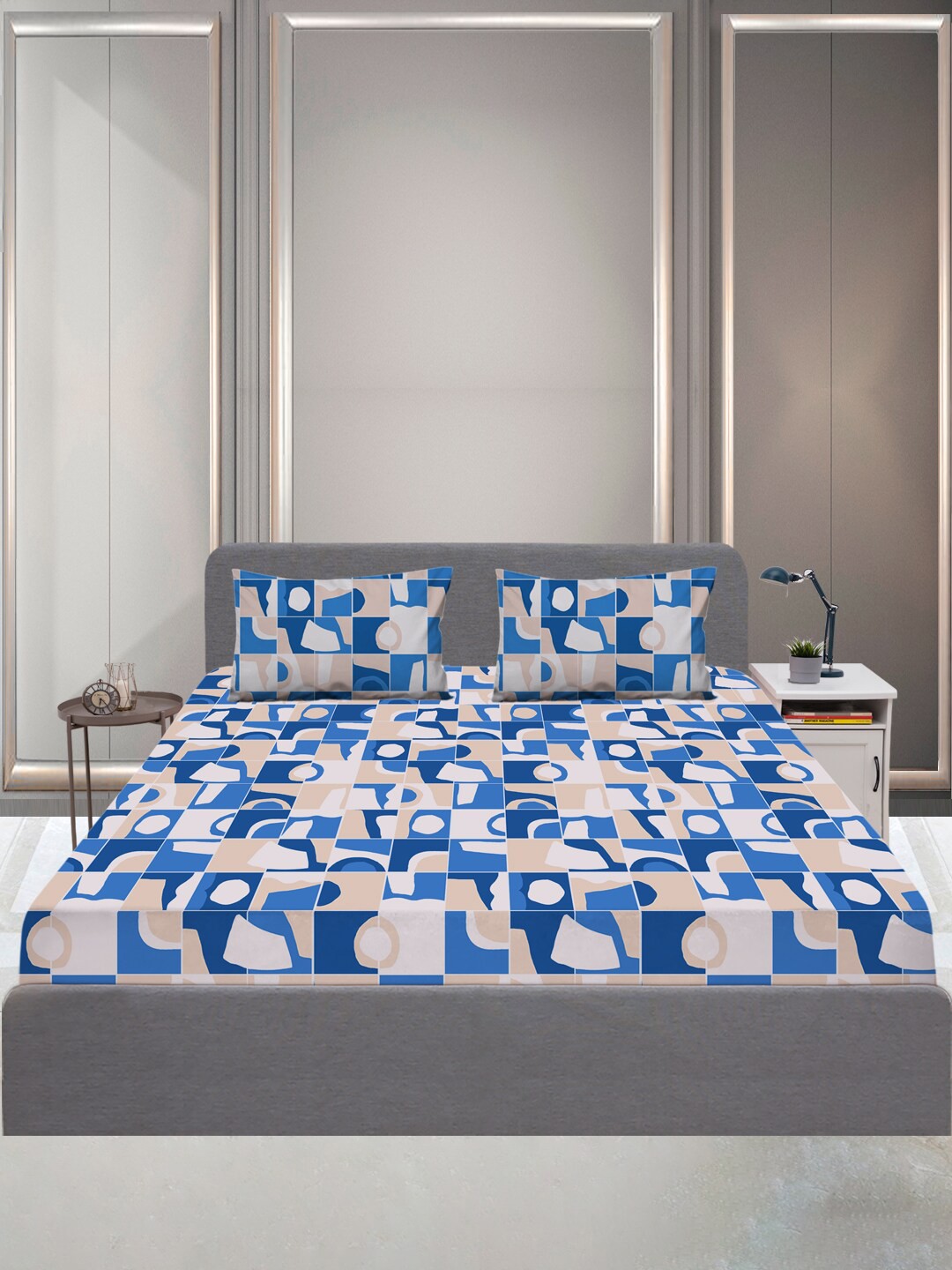 

SLEEPX Blue & Beige Geometric 144 TC Queen Bedsheet with 2 Pillow Covers