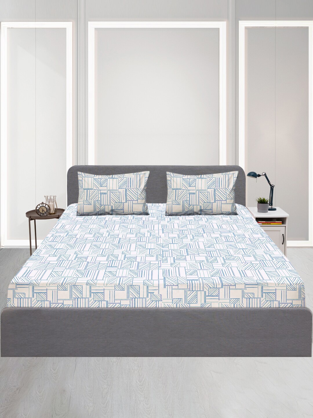 

SLEEPX White & Blue Geometric 120 TC Queen Bedsheet with 1 Pillow Covers