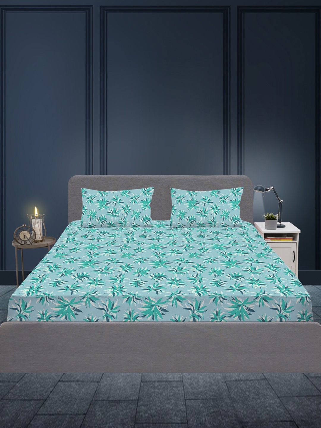 

SLEEPX Floral 180 TC King Cotton Bedsheet with 2 Pillow Covers, Blue