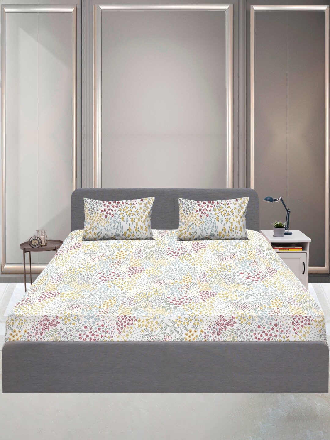 

SLEEPX Floral 144 TC King Cotton Bedsheet with 2 Pillow Covers, White