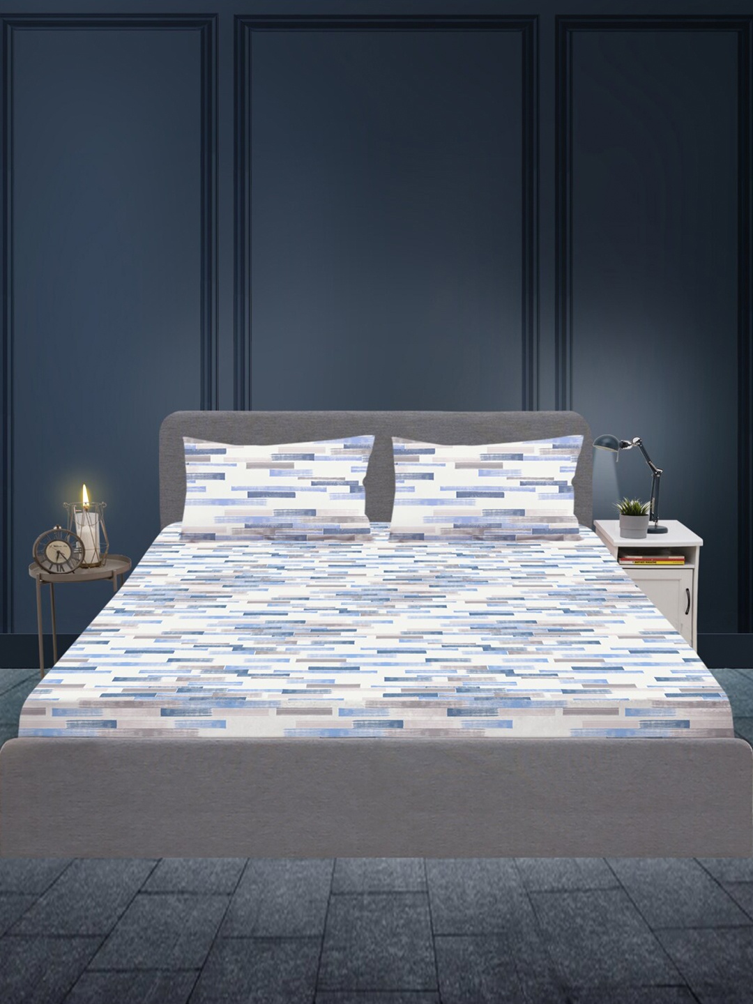 

SLEEPX Striped 180 TC Queen Cotton Bedsheet with 2 Pillow Covers, Blue