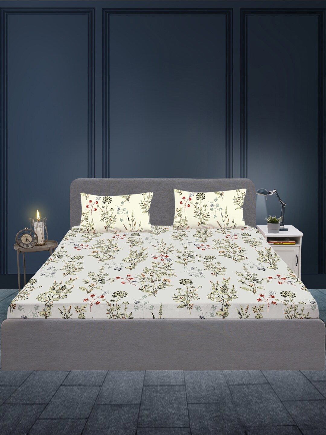 

SLEEPX Floral 180 TC Queen Cotton Bedsheet with 2 Pillow Covers, White