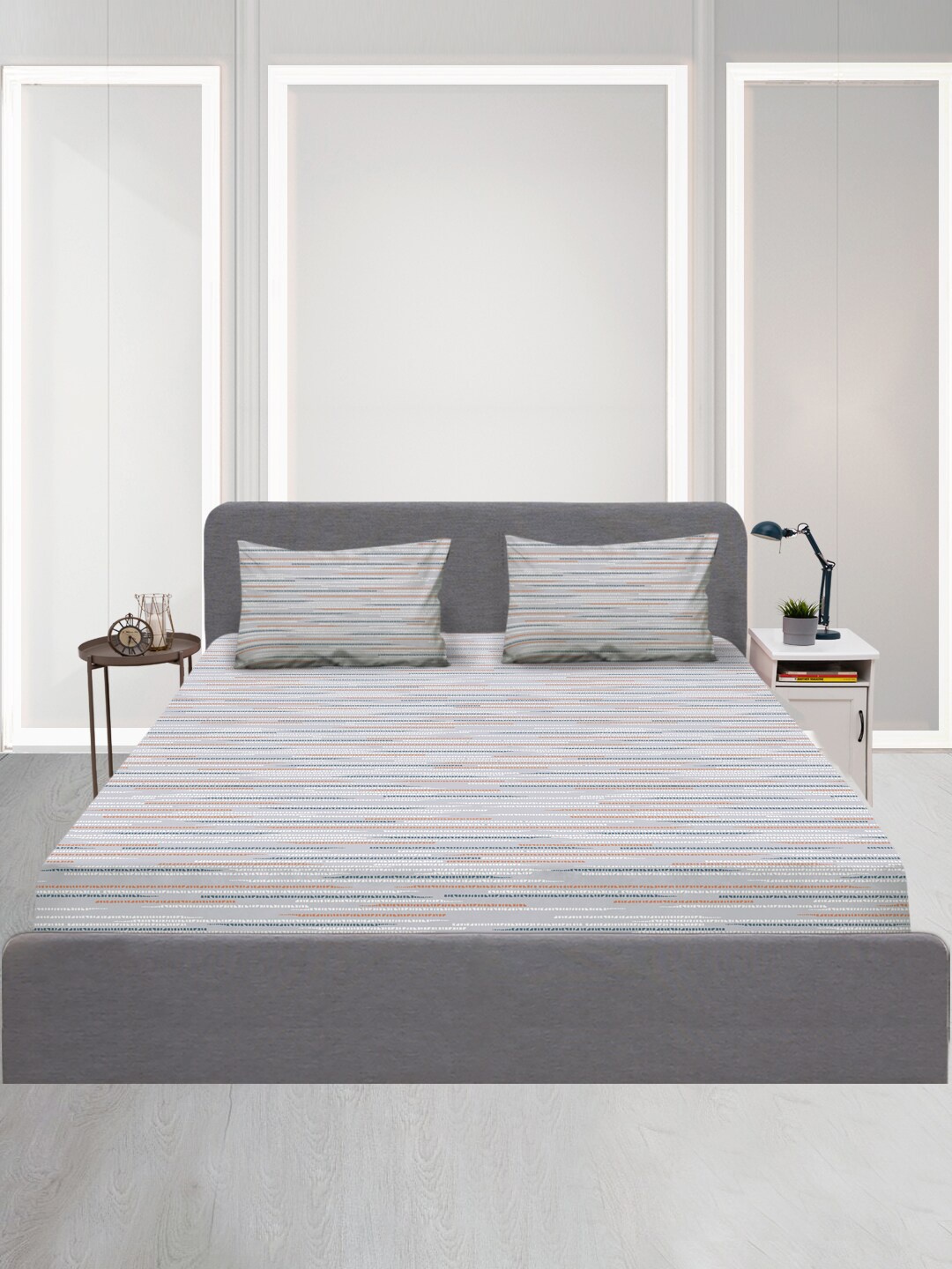 

SLEEPX Grey & Blue Striped 120 TC Queen Bedsheet with 1 Pillow Covers