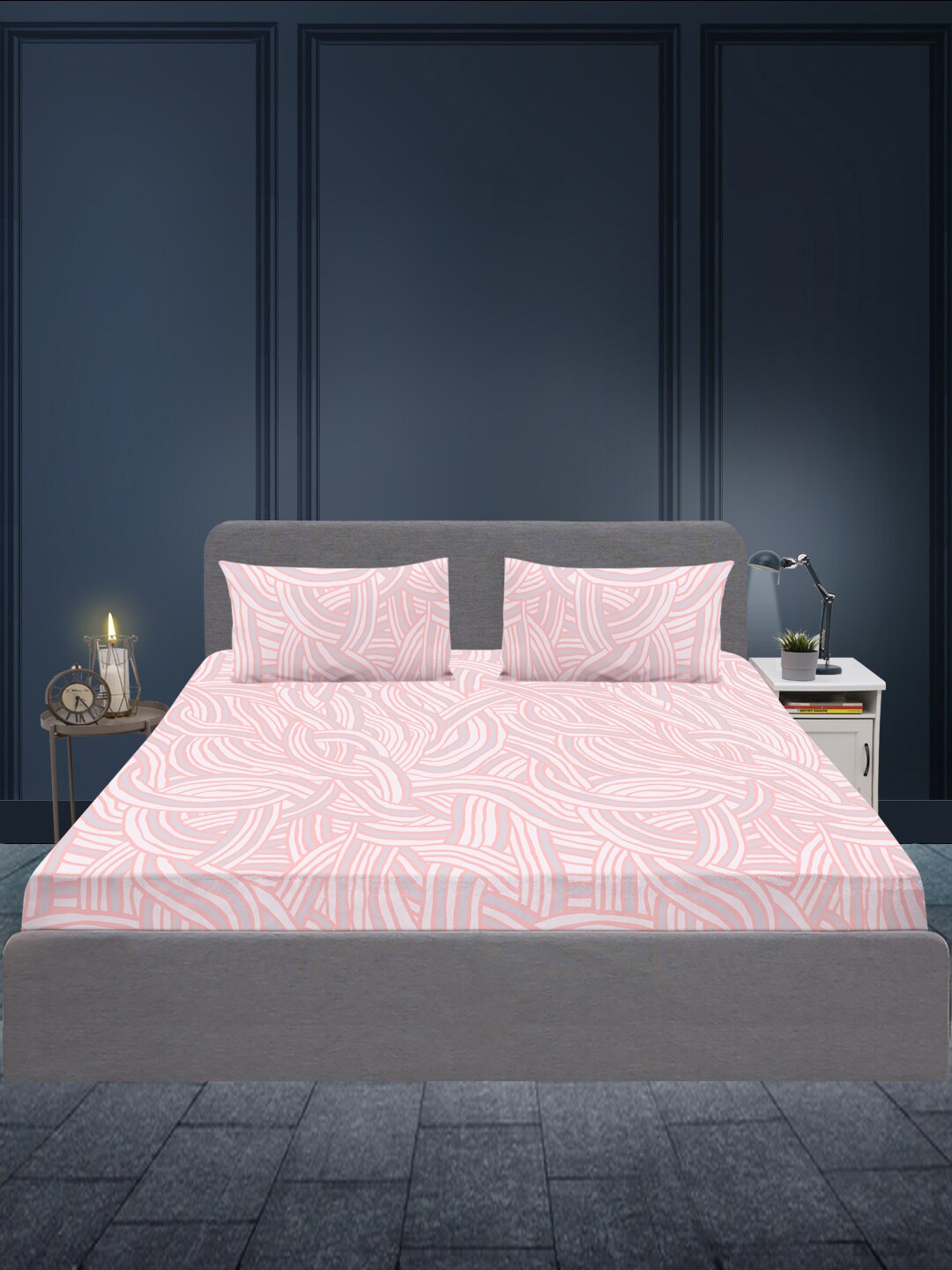 

SLEEPX Pink & Off White Geometric 180 TC King Bedsheet with 2 Pillow Covers