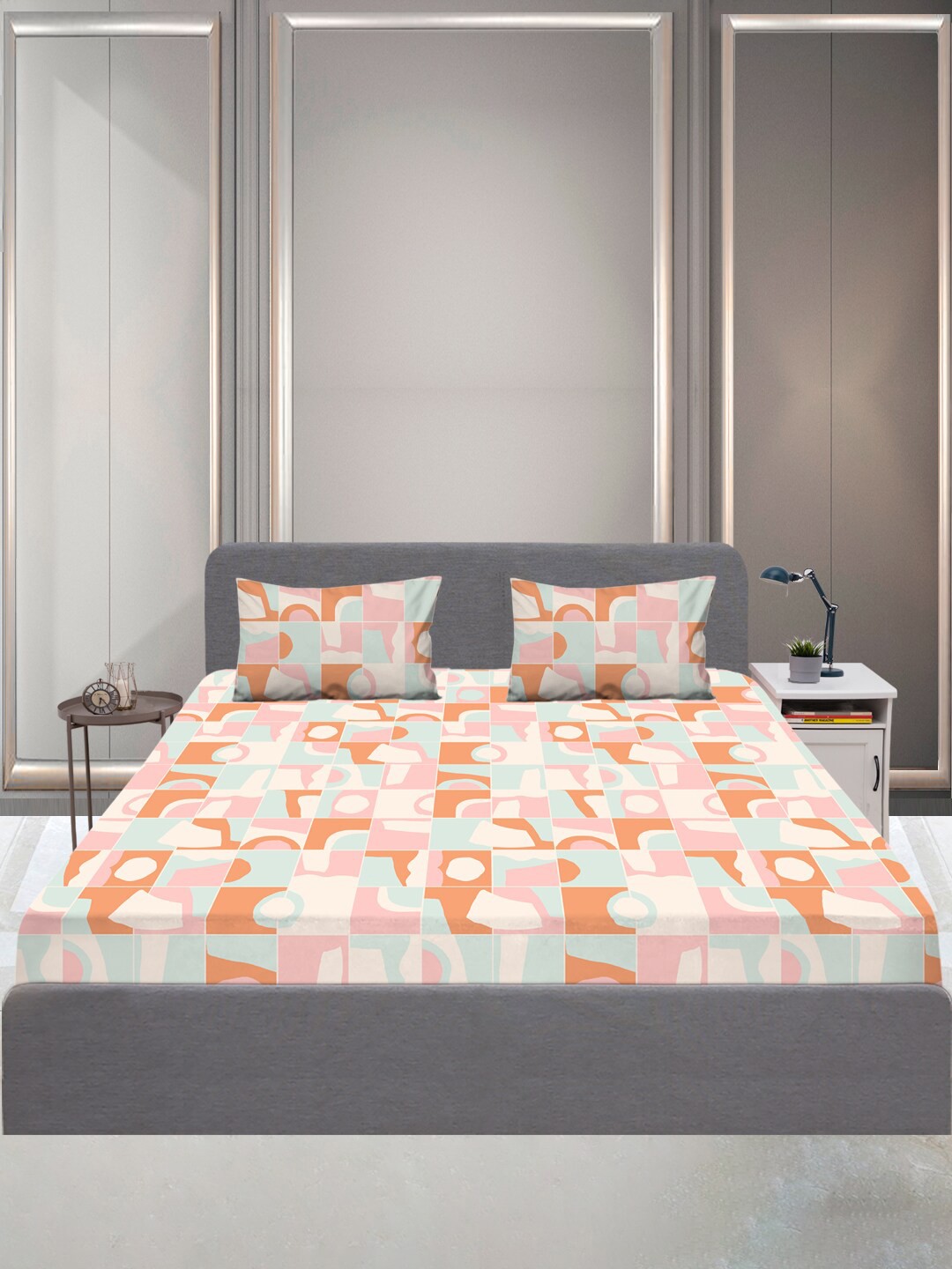 

SLEEPX Orange & Pink 144 TC Queen Bedsheet with 2 Pillow Covers