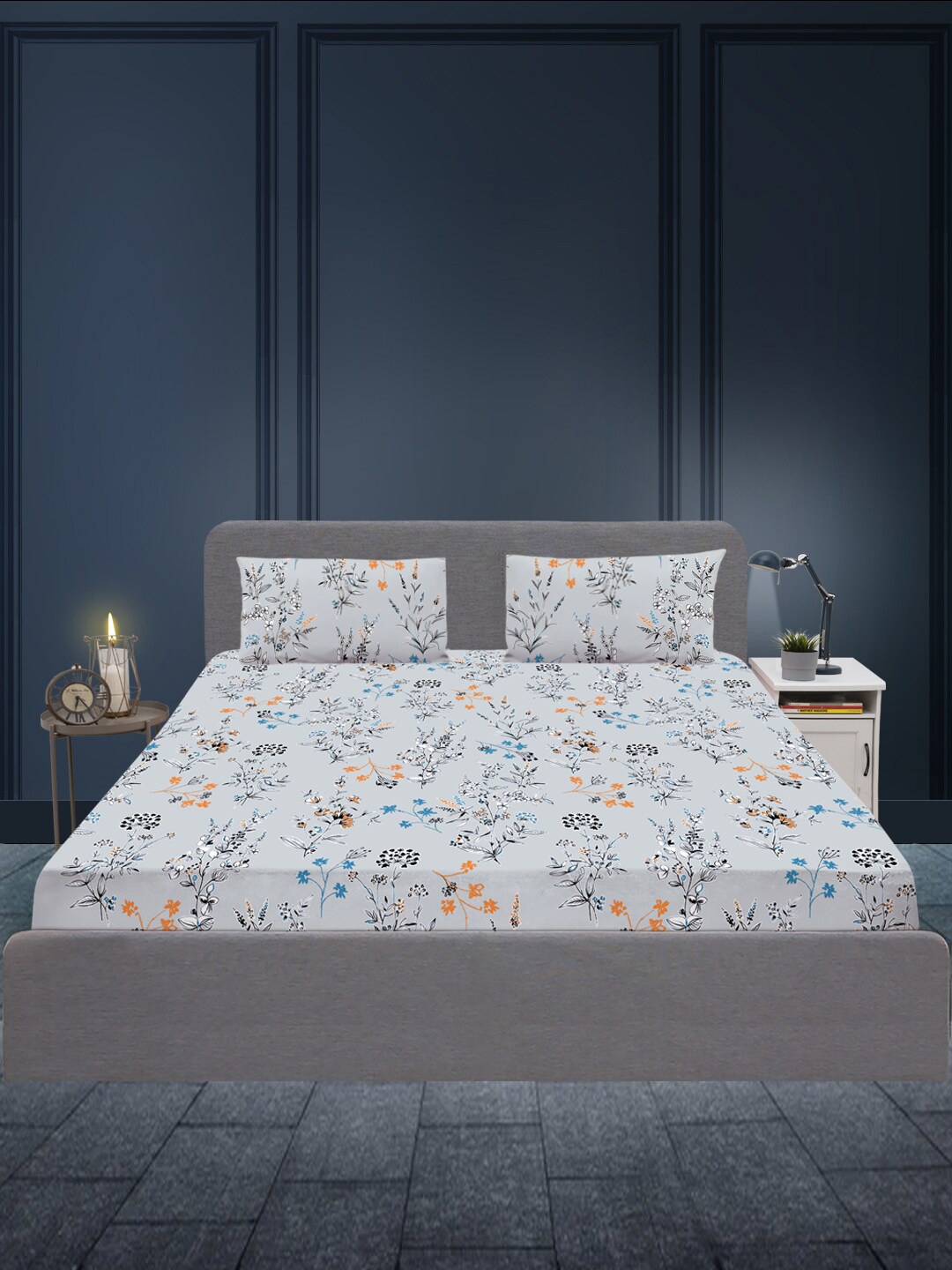 

SLEEPX Floral 180 TC Queen Cotton Bedsheet with 2 Pillow Covers, Grey