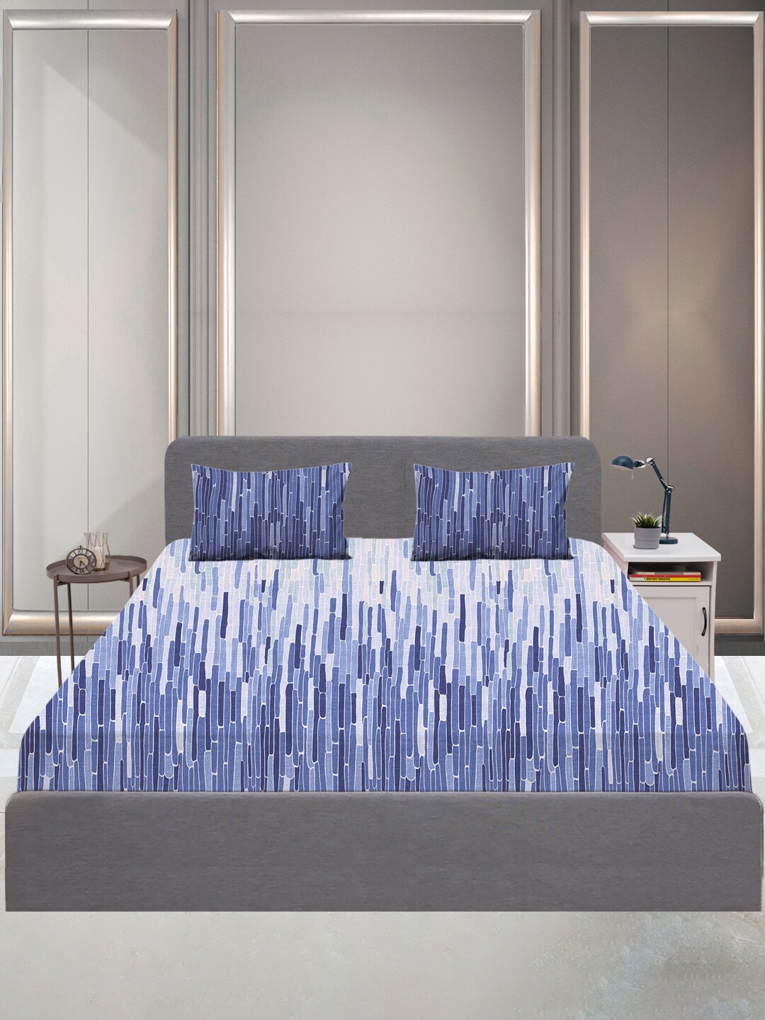 

SLEEPX Blue & Off White 144 TC King Bedsheet with 2 Pillow Covers
