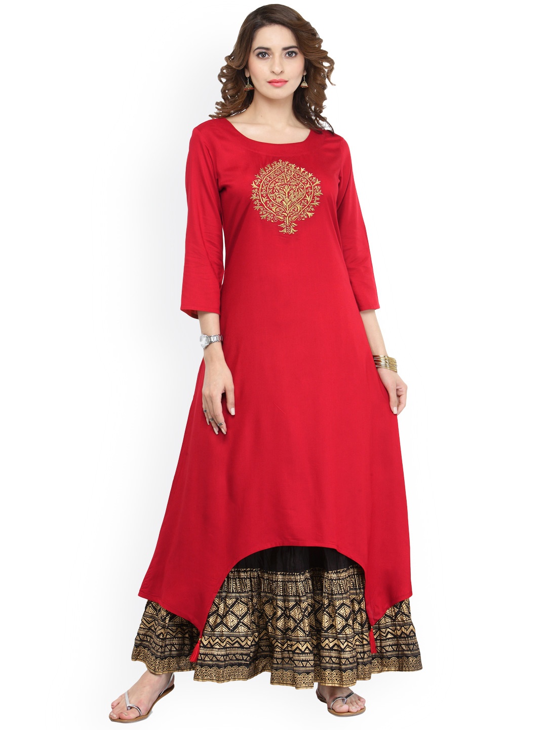 

Varanga Red Viscose Gold Zari Embroidery Kurta With Skirt