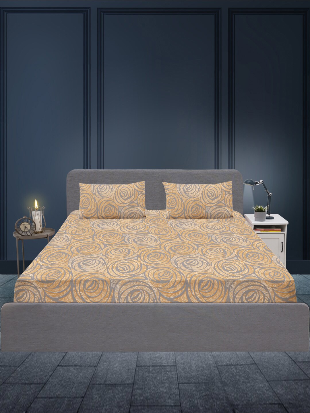 

SLEEPX Yellow & Grey Floral 180 TC Queen Bedsheet with 2 Pillow Covers