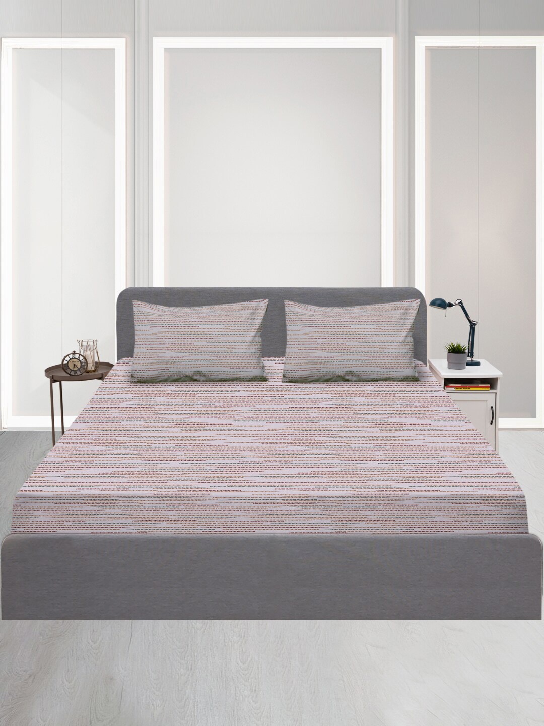 

SLEEPX Grey & Maroon Striped 120 TC Queen Bedsheet with 2 Pillow Covers