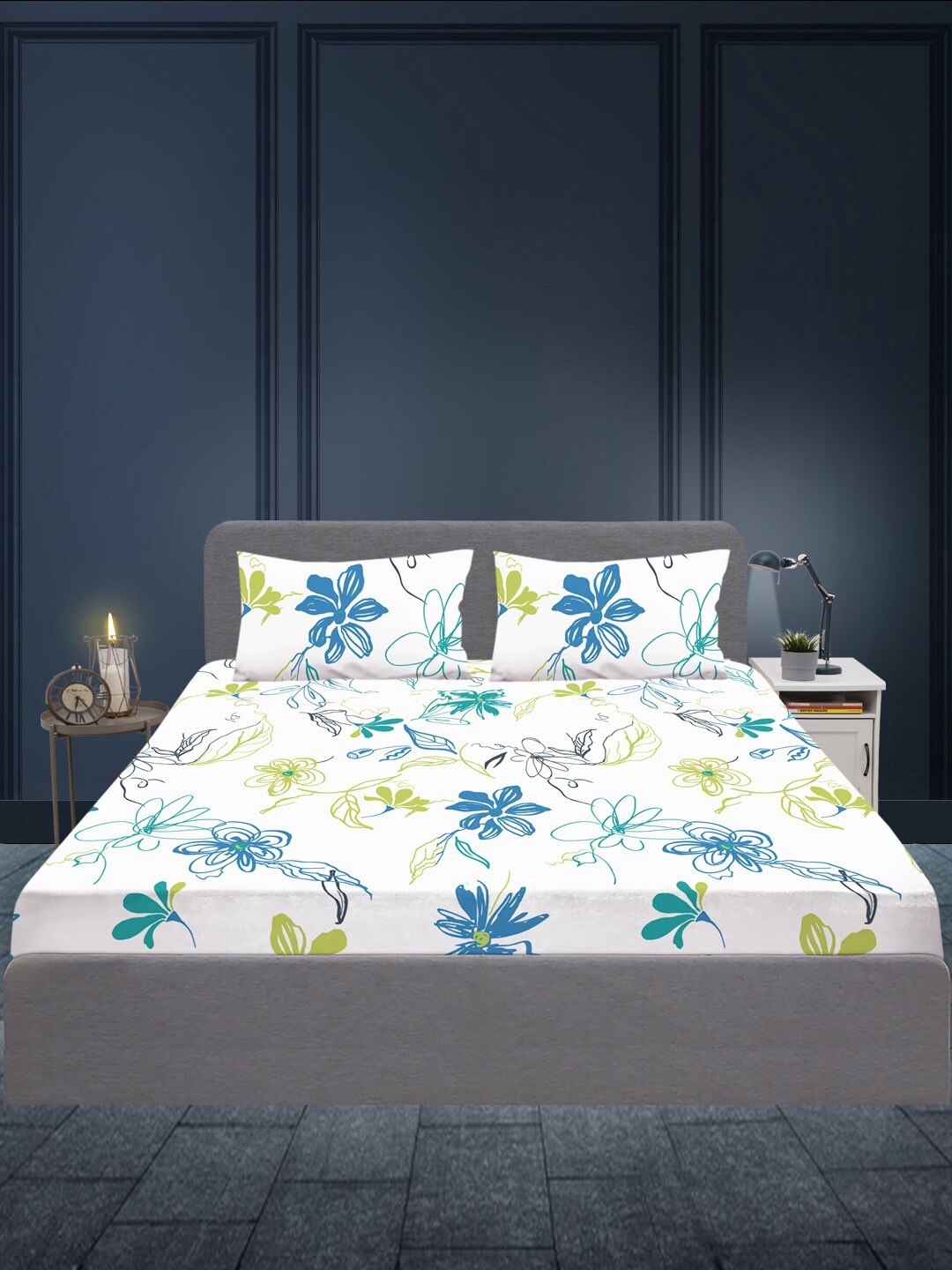 

SLEEPX Floral 180 TC King Cotton Bedsheet with 2 Pillow Covers, White