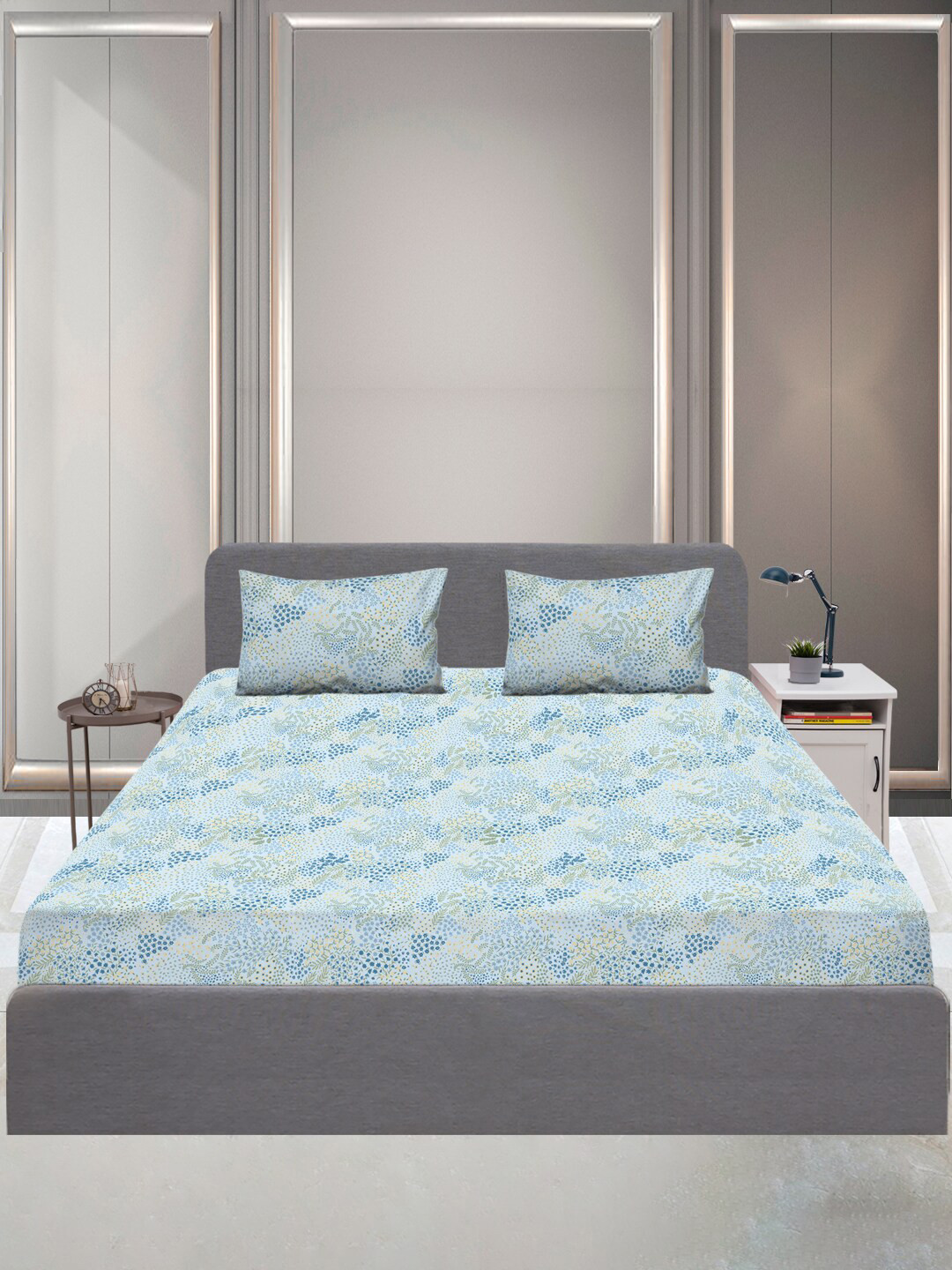 

SLEEPXFloral 144 TC Queen Cotton Bedsheet with 2 Pillow Covers, Blue