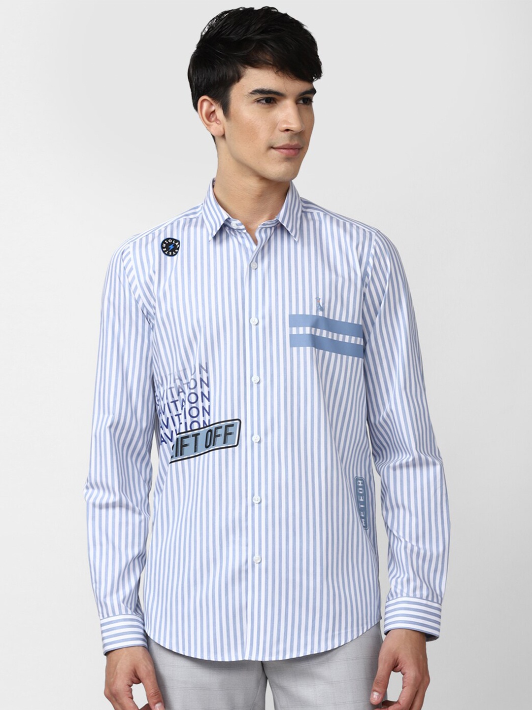 

SIMON CARTER LONDON Men Blue Slim Fit Striped Cotton Casual Shirt