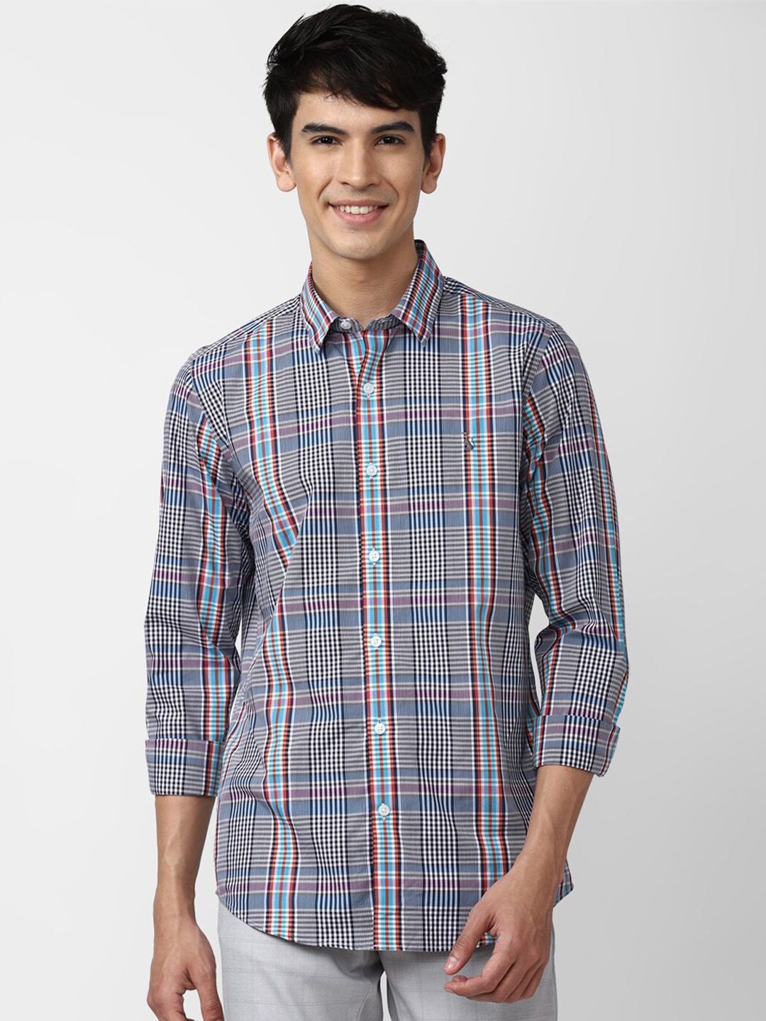 

SIMON CARTER LONDON Men Blue Slim Fit Tartan Checked Pure Cotton Casual Shirt