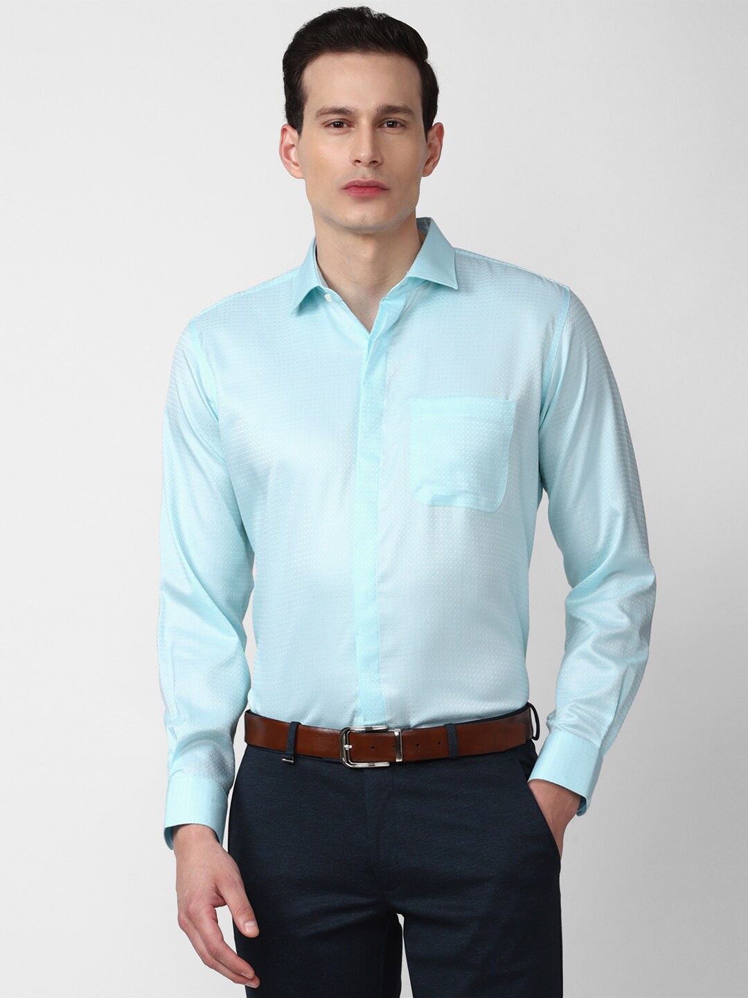 

Van Heusen Men Blue Self Designed Cotton Formal Shirt