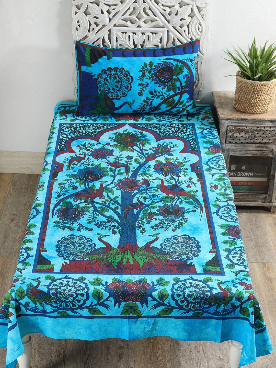 

HANDICRAFT PALACE Turquoise Blue & Green Ethnic Motifs 144 TC Single Bedsheet with 1 Pillow Covers