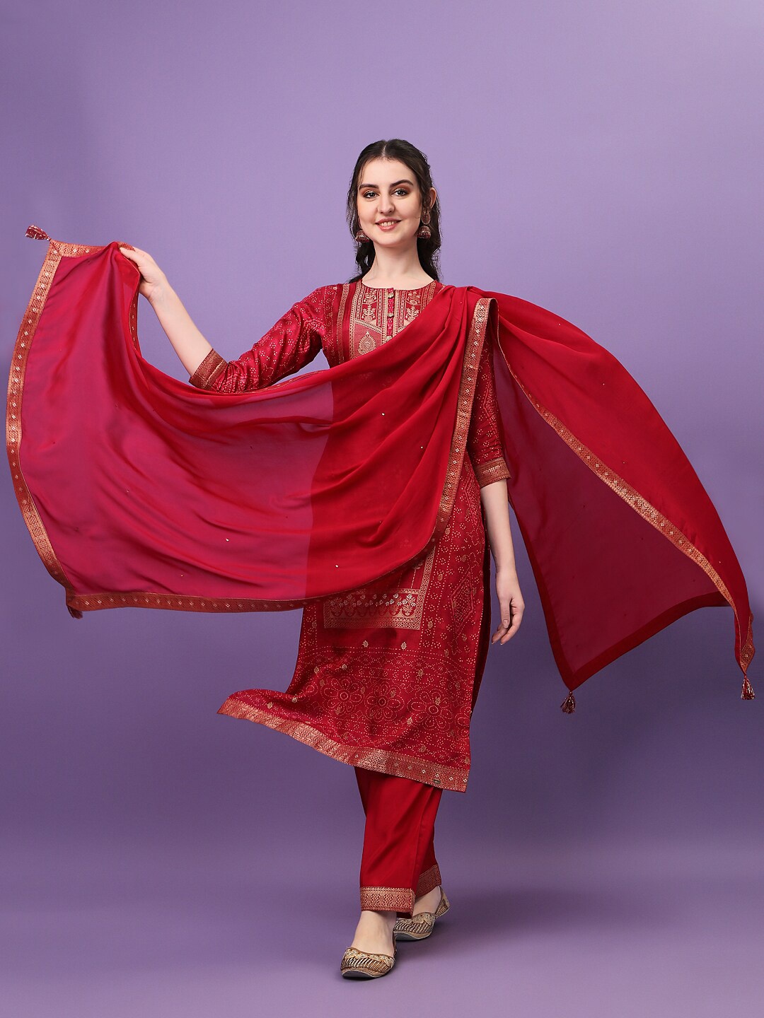 

Seerat Digital Panel Print with Jacquard Kurta With Trouser & Dupatta, Rose