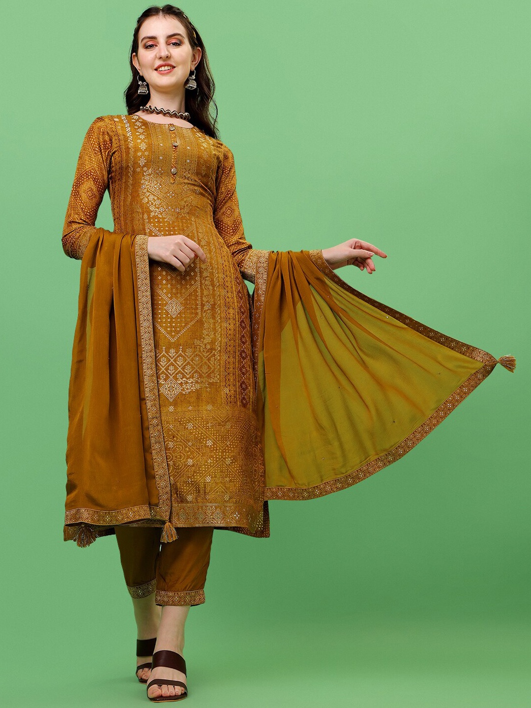 

Seerat Women Gold Ethnic Motifs Printed Jacquard Kurta With Trouser & Dupatta