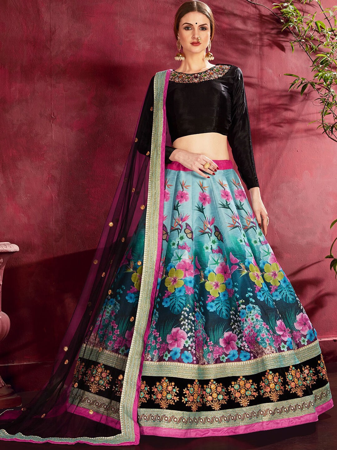 

FABPIXEL Embellished Thread Work Semi-Stitched Lehenga & Unstitched Blouse With Dupatta, Black