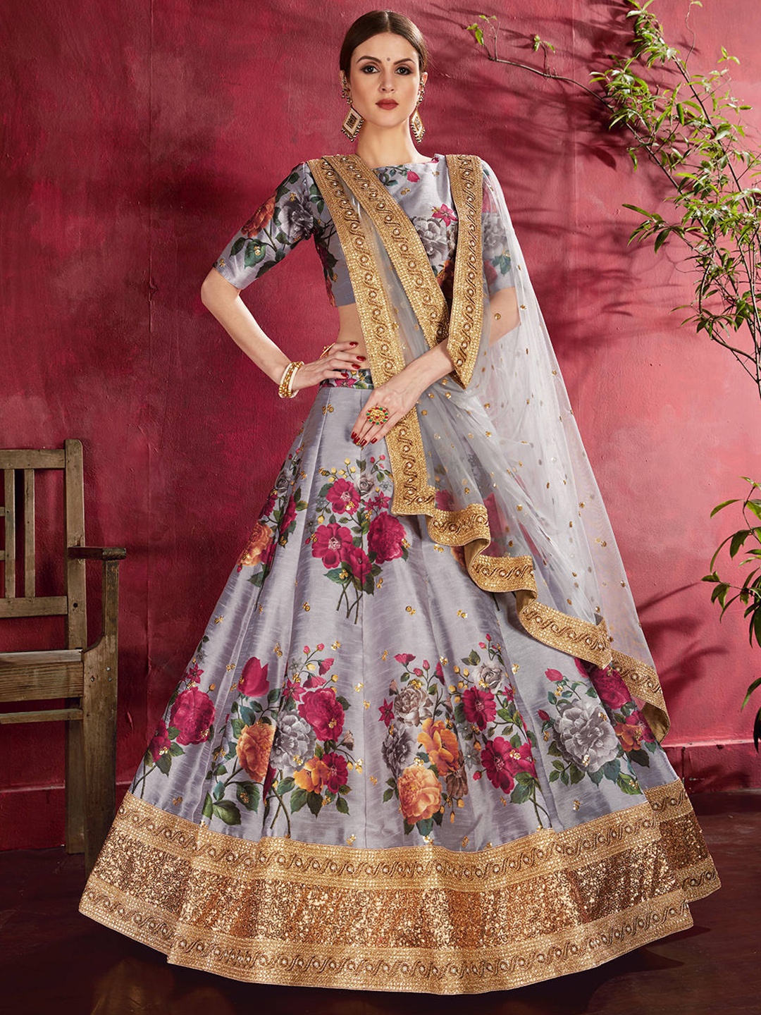 

FABPIXEL Printed Semi-Stitched Lehenga & Unstitched Blouse With Dupatta, Grey