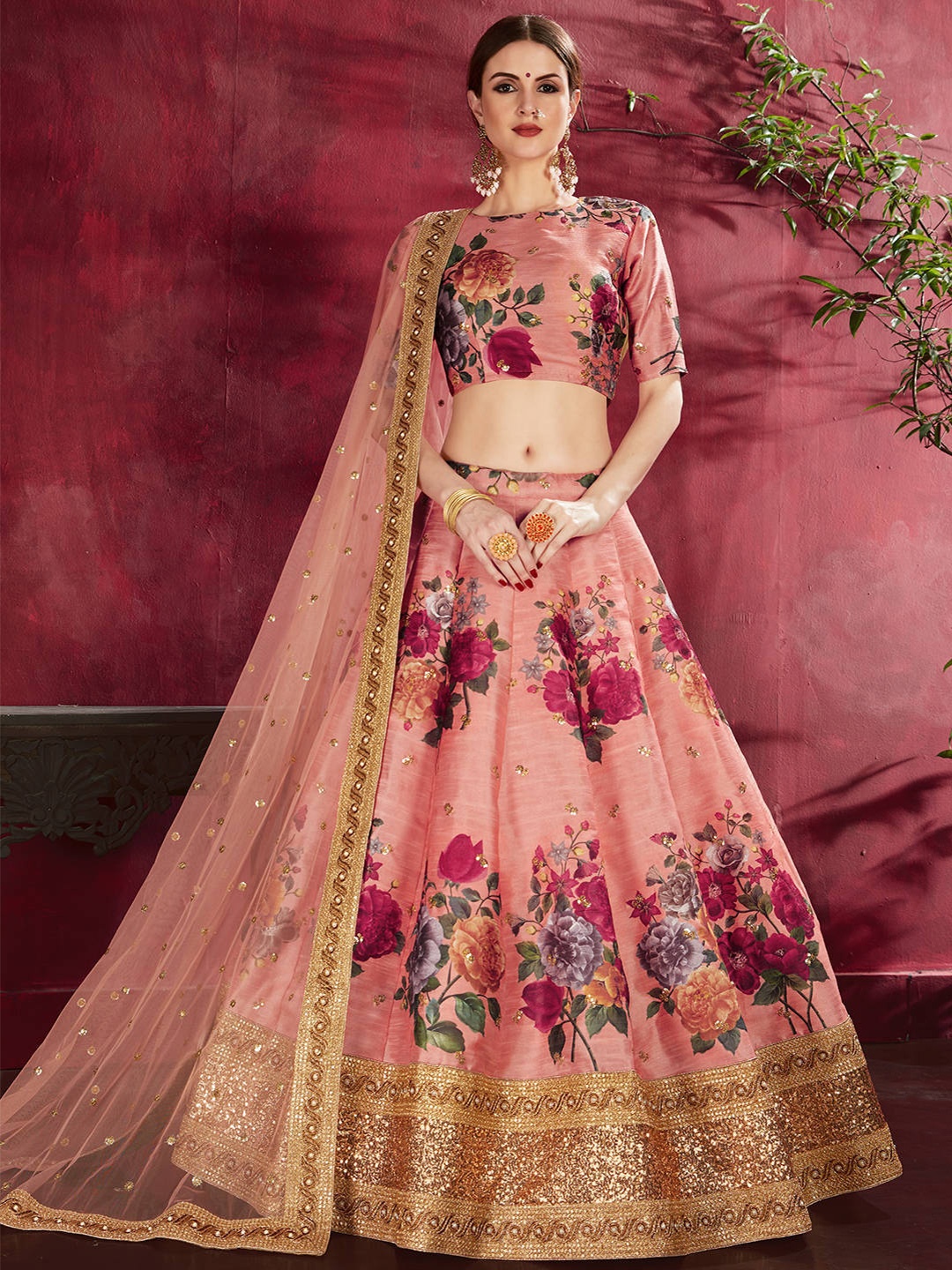 

FABPIXEL Printed Semi-Stitched Lehenga & Unstitched Blouse With Dupatta, Peach